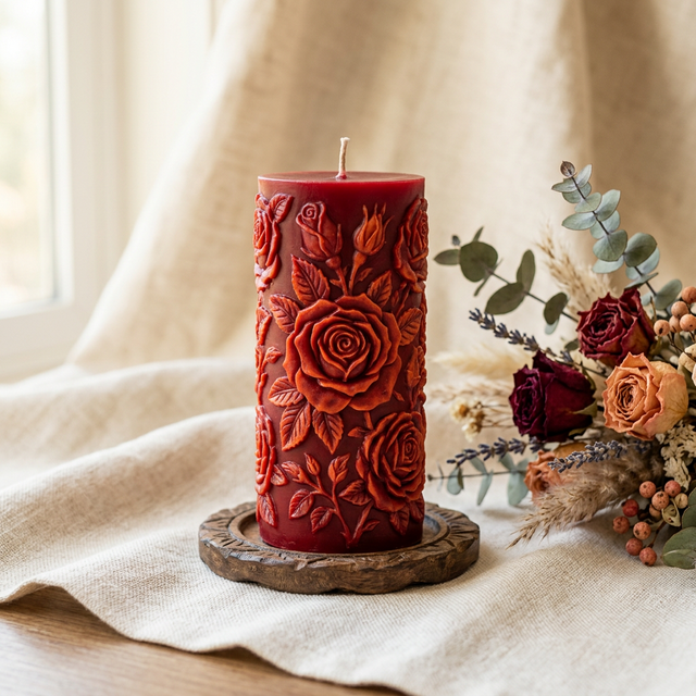 product rose embossed pillar red orange 1